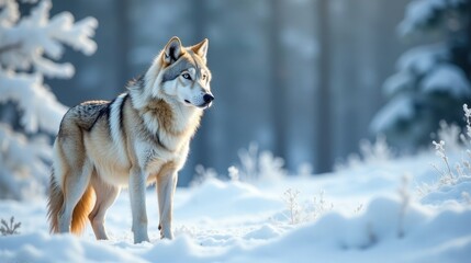 Obraz premium A lone wolf stands proudly amidst a pristine winter landscape, its fur blending seamlessly with the snowy surroundings, a breathtaking scene of serene beauty and untamed wilderness.