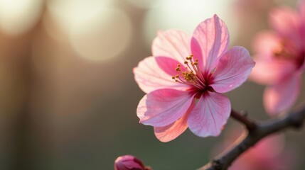 Fototapeta premium A Delicate Pink Blossom at Sunset, Illuminated by Golden Light, Showing Intricate Petals and Stamens