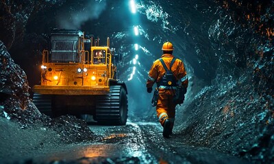 Worker in safety gear walking past heavy machinery in a mine tunnel - Powered by Adobe