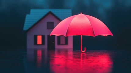 Glowing red and pink umbrella structure covering a hospital and a home symbolizing the blend of healthcare and personal security in a protective safe environment