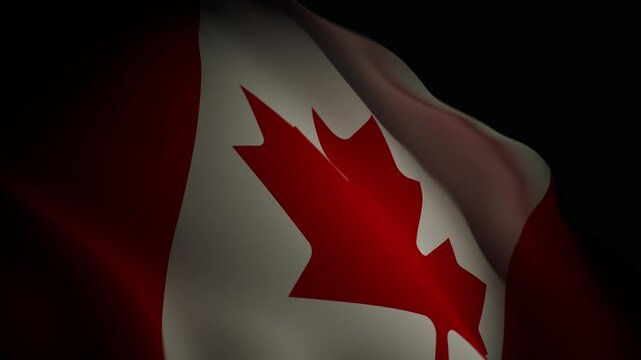 A close-up of a highly detailed 3D Canada flag waving under dramatic spotlight lighting, creating a realistic animation effect