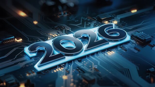 Happy new year 2026 neon lighting loading screen  design . gaming design .2026  circuit board design