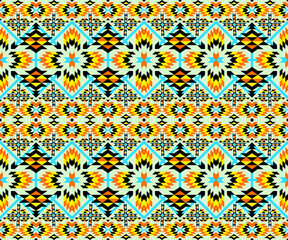 a vibrant geometric pattern inspired by traditional tribal or Native American designs. It features symmetrical arrangements of diamonds, triangles, and star-like shapes, vector geometric ethnic navajo