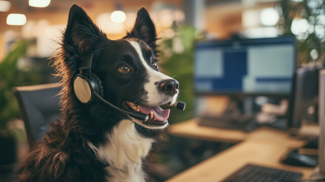 dog customer service representative with headset in office 