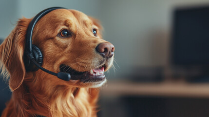 golden retriever wearing headset in office setting 