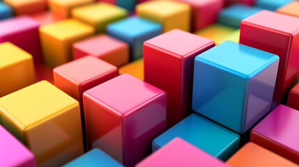Obraz premium Colorful 3D cubes arranged in vibrant pattern, creating dynamic and abstract visual effect. image showcases variety of bright colors and geometric shapes, emphasizing depth and perspective