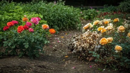 A garden with two distinct flower beds: one with a small number of vibrant, well-tended roses and the other overgrown with a mass of dull, wilted flowers.