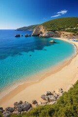 Fototapeta premium arafed view of a beach with a clear blue water and a rocky shoreline