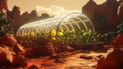 A futuristic greenhouse farm on Mars with red rocks surrounding the structure and plants flourishing inside under artificial sunlight.