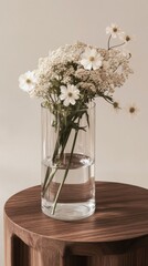 Colorful flower arrangement in a glass vase on a wooden table in a modern setting