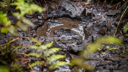 Massive dinosaur footprint in wet mud surrounded by tiny ferns and rocks, showcasing prehistoric life and natural history in a detailed close-up view.