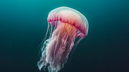 glowing jellyfish drifts gracefully through deep blue ocean, its translucent body illuminated by soft pink and purple hues, creating mesmerizing underwater scene