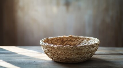 A woven basket, illuminated by soft morning light, sits gracefully on a table, epitomizing the beauty of simplicity and artisan craftsmanship.