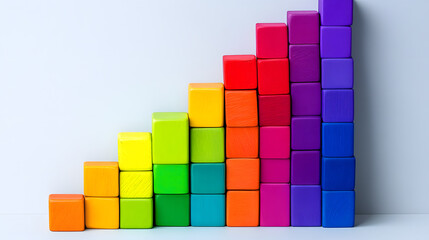 Colorful wooden blocks are stacked gradient pattern, forming staircase shape against plain background. blocks transition smoothly through colors of rainbow, creating visually appealing and