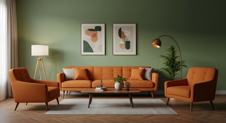 Modern Orange Sofa Living Room Design with Mid Century Style