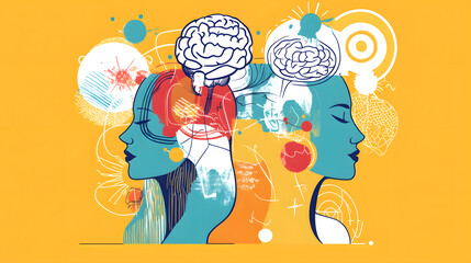 This vibrant illustration features two stylized human profiles with abstract brain designs, symbolizing creativity and thought processes. colorful background includes various abstract shapes and