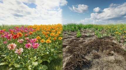 A flourishing garden with blooming flowers versus a dead and overgrown patch of weeds.