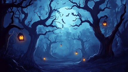 A spooky forest path illuminated by glowing jack-o'-lanterns hanging from bare branches under a full moon.
