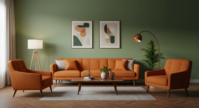 Modern Orange Sofa Living Room Design with Mid Century Style