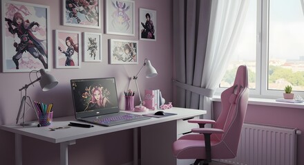 Stylish Pink Gamer Girl Workspace Setup with Laptop and Anime Decor