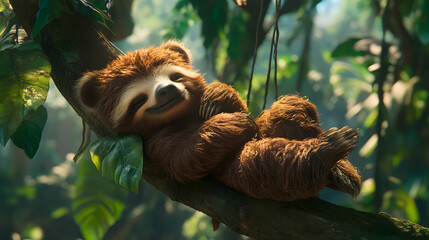 Fototapeta premium sleepy sloth hangs from tree branch, surrounded by lush green leaves in sunlit forest. sloth appears content and relaxed, enjoying peaceful environment
