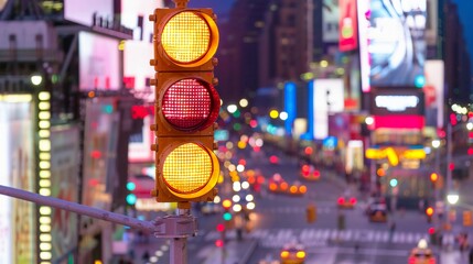 Close-up of a traffic light on a city street, symbolizing urban traffic regulation and order, representing transportation safety and city infrastructure concepts.