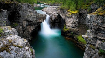 Serene Waterfall Cascading Through Rocky Gorge