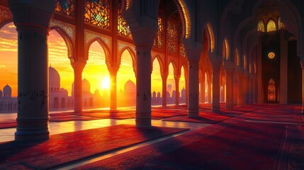 A View of a Mosque Courtyard at Sunset Through Intricate Arcades