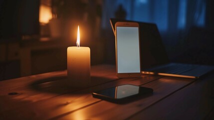 Dimly lit room with a single candle casting soft shadows on a wooden table, laptop and smartphone turned off, symbolizing a sudden power outage and serene atmosphere.