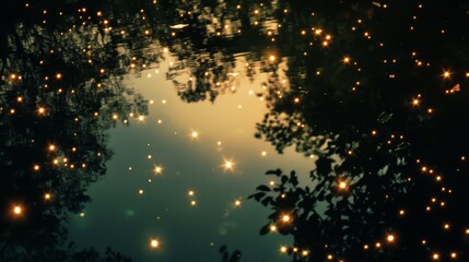 Naklejka premium Glowing lights ripple across a water surface, creating a serene and reflective landscape, surrounded by dark foliage.
