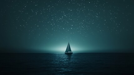 A solitary sailboat drifts in a vast, tranquil sea under a sky sparkling with countless stars and a soft, mysterious horizon.