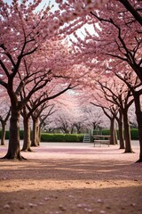 there are many pink flowers on the trees in the park