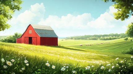 Obraz premium Red barn in a vibrant green field with cows and birds on a sunny day