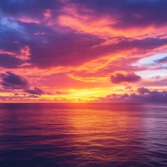 Obraz premium Crimson and Gold: A breathtaking seascape unfolds as the sun descends, painting the sky and ocean in vibrant hues of crimson, gold, and purple, reflecting a moment of awe and serenity.