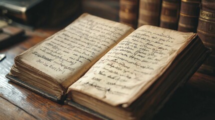 Obraz premium Antique Book Open on Wooden Table, Pages Filled with Handwritten Text, Old Books in Background