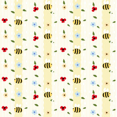 Vector pattern of fabric, wallpaper, wrapping paper, mats and bed sheets. Continuous in various sizes and repeatable. Cute style. Vertical wavy lines. Decorated with cute flowers and bees.