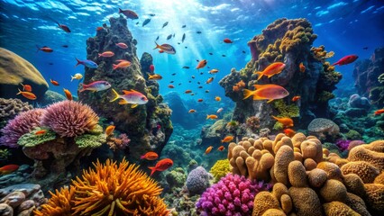 Fototapeta premium Vibrant Coral Reef with Colorful Fish Under Clear Ocean Water