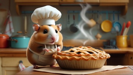 Hamster chef presenting a freshly baked pie in a cozy kitchen