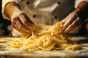 Chef's hands delicately shaping fresh, golden pasta strands, dusted with flour, a culinary masterpiece.