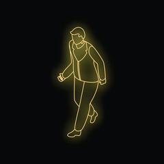 Fototapeta premium Neon yellow isometric businessman walking, isolated on black background