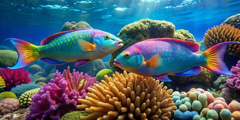 Naklejka premium Colorful Tropical Fish Swimming Over Vibrant Coral Reef Scene