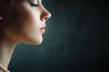 Fototapeta premium Profile of a young woman with flawless skin, closed eyes, and a serene expression wearing pearl earrings on a dark moody background. Beauty and skincare concept