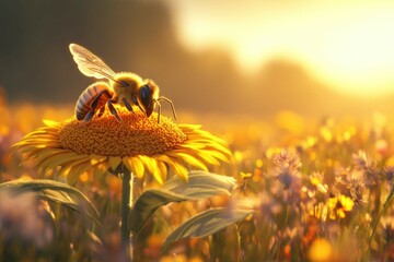 A detailed shot of a honeybee on a bright sunflower in a field of wildflowers under the golden light of the late afternoon sun.