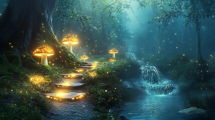 Obraz premium Illuminated Mushroom Path Leading to a Forest Waterfall and Pond