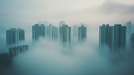 Fototapeta premium Skyscrapers emerge from a sea of clouds in a misty cityscape, blending urban life with dreamlike serenity in a stunning visual.