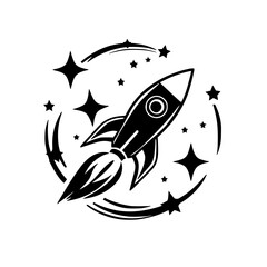 Black and white rocket launching into space, surrounded by stars.  A vector graphic design, perfect for space exploration, astronomy, or science-related projects.