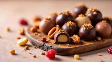 Assorted Gourmet Chocolate Truffles on Wooden Board with Nuts and Berries