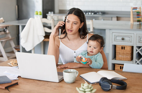 Laptop, baby or mom with phone call or stress for remote work, freelance client or business in home. Online, worried or frustrated mother juggling parenting task for deadline, talking or multitasking