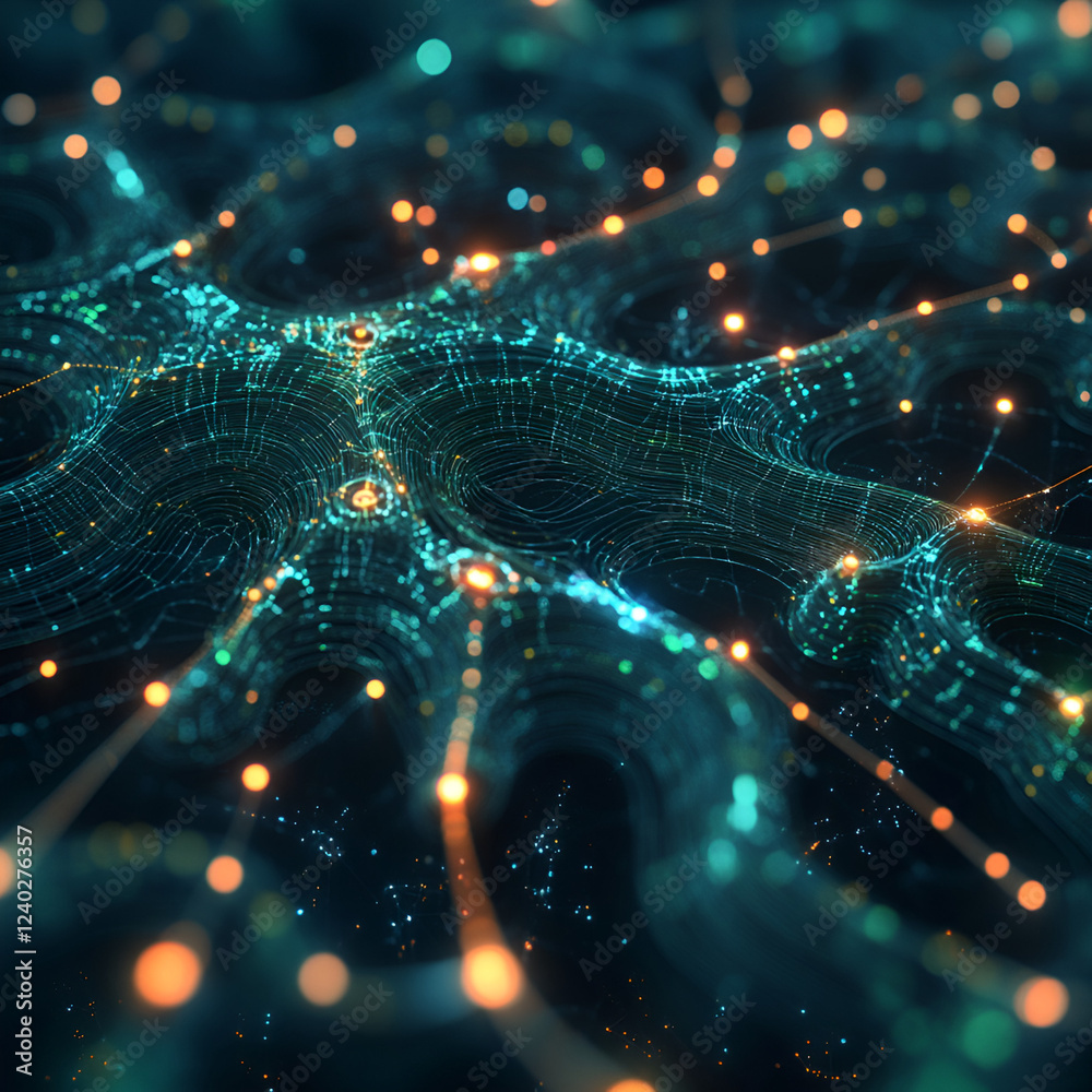Poster neural network abstract: intricate network of glowing nodes and connecting lines, resembling a neura