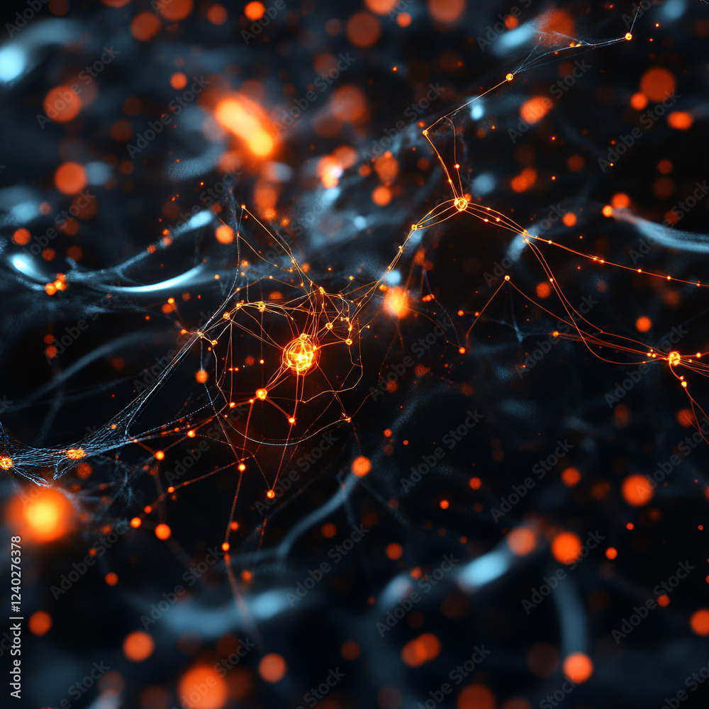 Fototapete Neural Network Visualization: An abstract representation of a neural network, with interconnected nodes and flowing pathways of data, rendered in a mesmerizing display of light and shadow. 